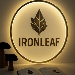 Peut inclure: Une &oelig;uvre d'art murale ronde et &eacute;clair&eacute;e avec le texte "IRONLEAF" et un motif de feuille. L'art est entour&eacute; d'un anneau dor&eacute; et &eacute;met une lueur chaude. Un livre et des figurines de champignons d&eacute;coratifs sont au premier plan.