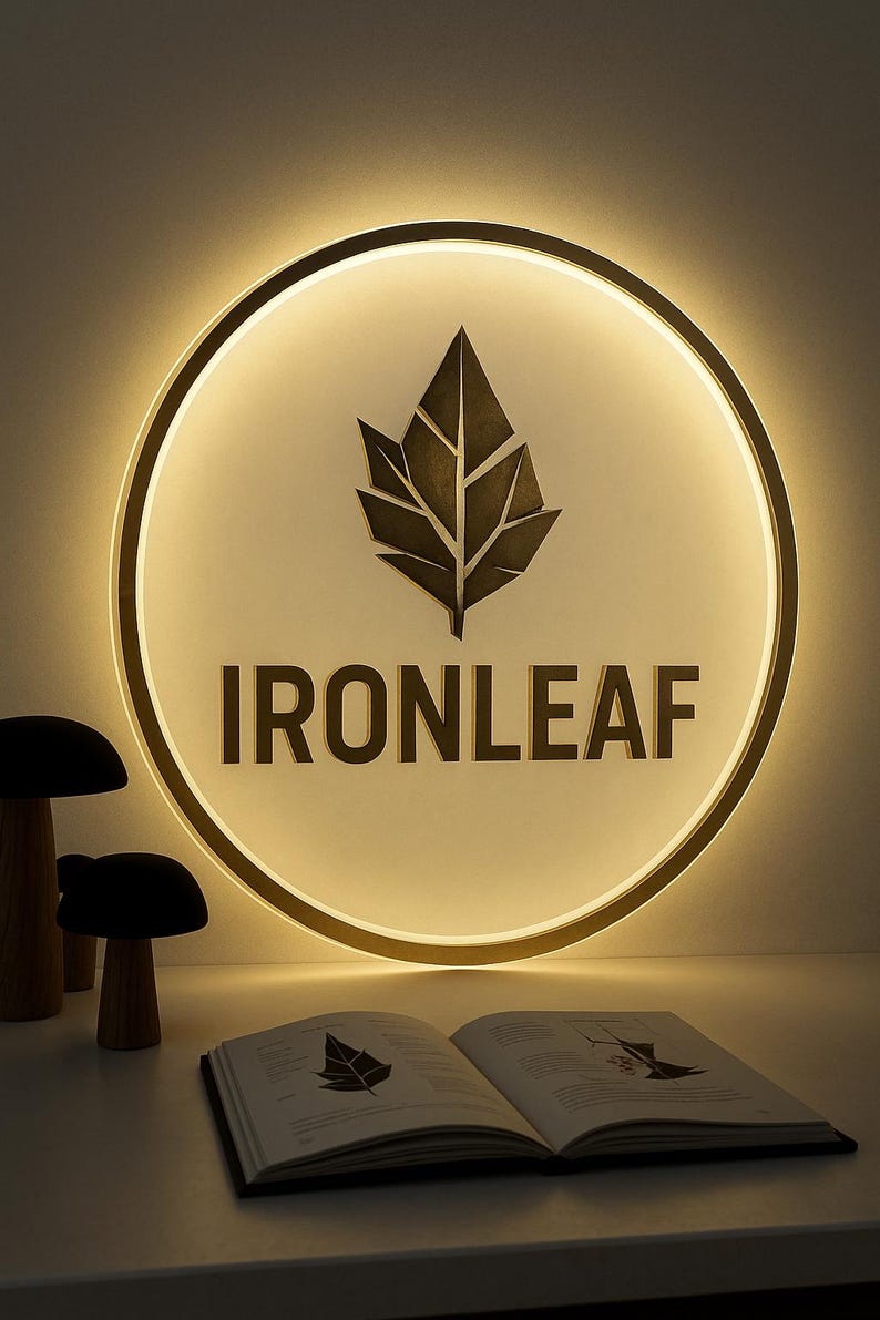 Peut inclure: Une &oelig;uvre d'art murale ronde et &eacute;clair&eacute;e avec le texte "IRONLEAF" et un motif de feuille. L'art est entour&eacute; d'un anneau dor&eacute; et &eacute;met une lueur chaude. Un livre et des figurines de champignons d&eacute;coratifs sont au premier plan.