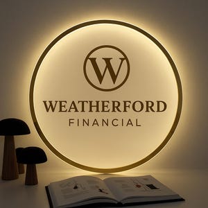 May include: A round, illuminated sign with the text "WEATHERFORD FINANCIAL" and a stylized "W" logo. The sign has a gold-colored border and is lit from within. Decorative wooden mushroom figurines and an open book are in the foreground.