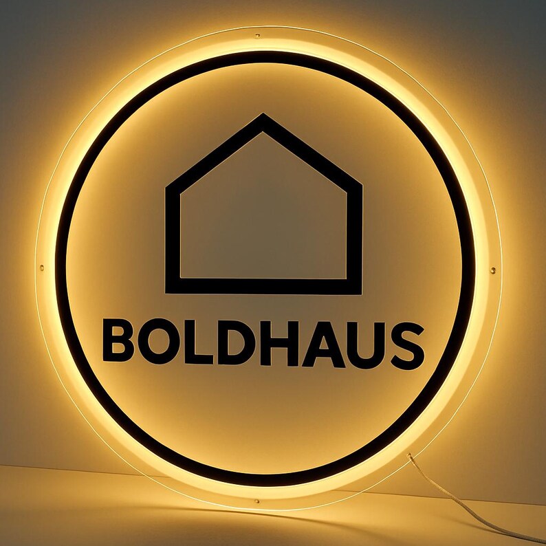 Peut inclure: Un panneau rond et lumineux avec le mot "BOLDHAUS" en lettres noires grasses. Le panneau pr&eacute;sente un contour de maison noir &agrave; l'int&eacute;rieur d'un cercle, entour&eacute; d'une lumi&egrave;re chaude et brillante. Un fil blanc s'&eacute;tend du bas.