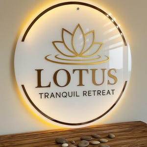 Może przedstawiać: Okrągły, podświetlany znak z napisem "LOTUS TRANQUIL RETREAT" w złotych literach. Znak przedstawia złoty wz&oacute;r kwiatu lotosu i ciepłą, świecącą obw&oacute;dkę. Drewniana powierzchnia z gładkimi kamieniami znajduje się na pierwszym planie.