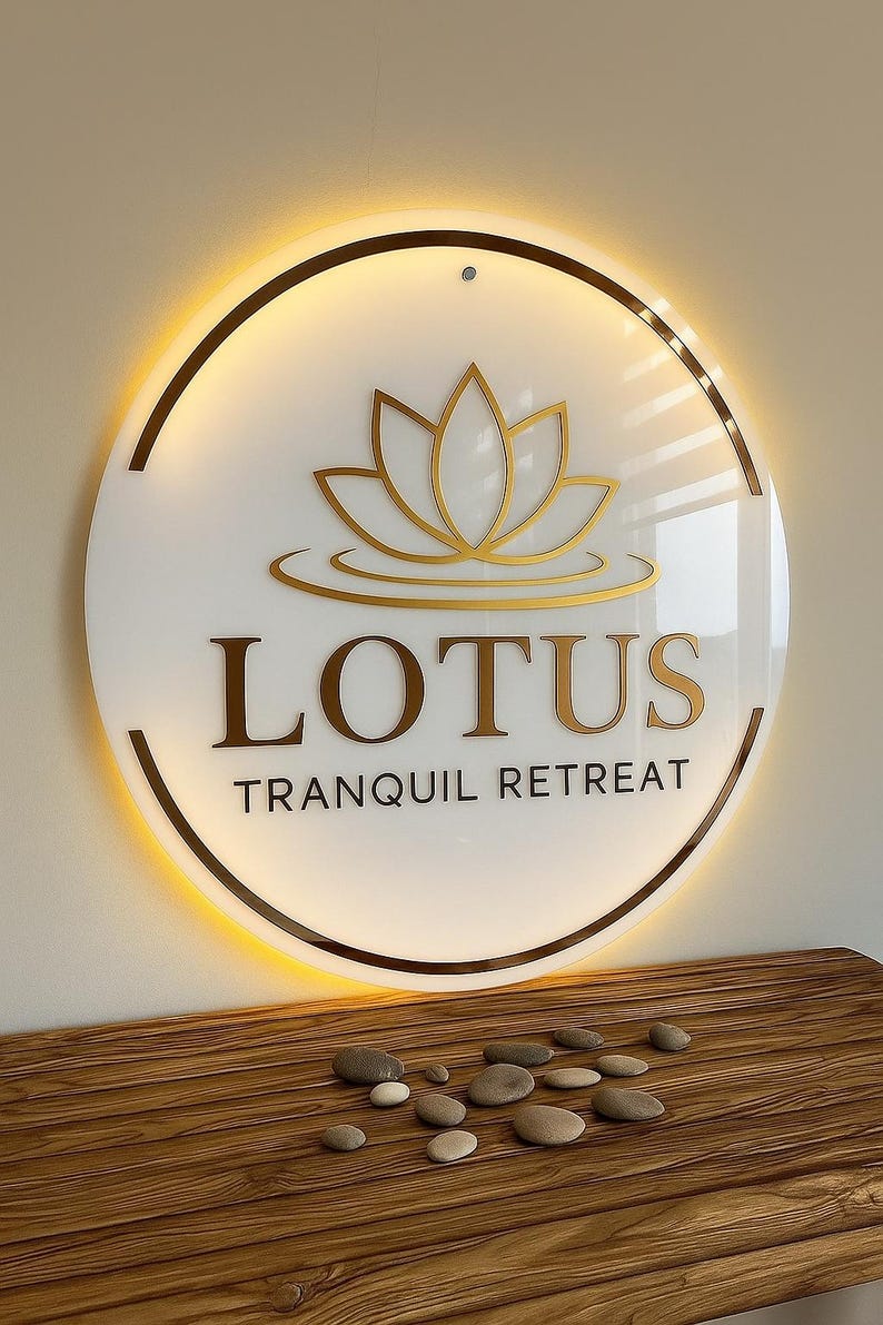 Może przedstawiać: Okrągły, podświetlany znak z napisem "LOTUS TRANQUIL RETREAT" w złotych literach. Znak przedstawia złoty wz&oacute;r kwiatu lotosu i ciepłą, świecącą obw&oacute;dkę. Drewniana powierzchnia z gładkimi kamieniami znajduje się na pierwszym planie.