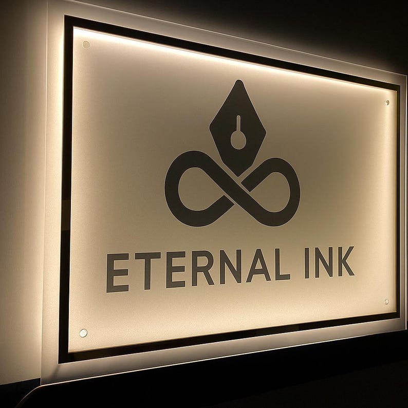 May include: Illuminated sign with the text "ETERNAL INK" in a dark gray font. The sign features a stylized pen nib and infinity symbol design. The sign is rectangular with a black border and a soft, warm glow.