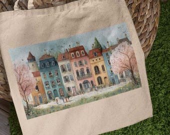 Idyllic City Painting Printed Unique Reusable Organic Cotton Tote Shopping Bag