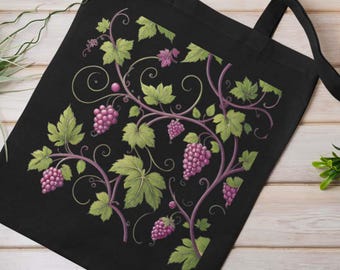 Retro Grapes Ornament Printed Unique Reusable Organic Cotton Tote Shopping Bag