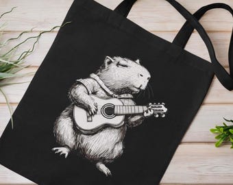 Capybara With Ukulele Printed Unique Reusable Organic Cotton Tote Shopping Bag