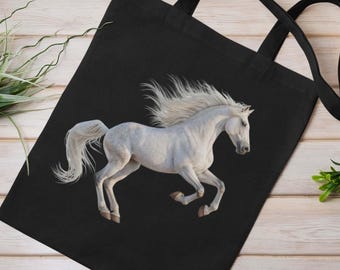 Wild White Horse Printed Unique Reusable Organic Cotton Tote Shopping Bag