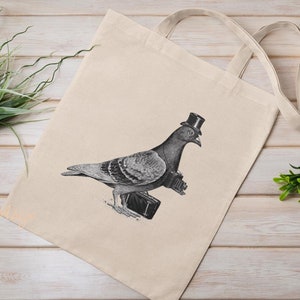 Sac fourre-tout réutilisable unique en coton bio imprimé pigeons touristiques vintage