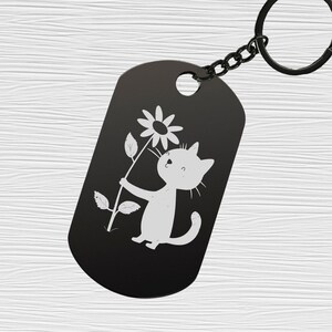 Médaille pour chien en acier inoxydable gravée au laser avec tournesol et chat, porte-clés pendentif noir
