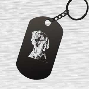 Può includere: Portachiavi in metallo nero con una silhouette di cane incisa. Il portachiavi ha la forma di un'etichetta per cani.