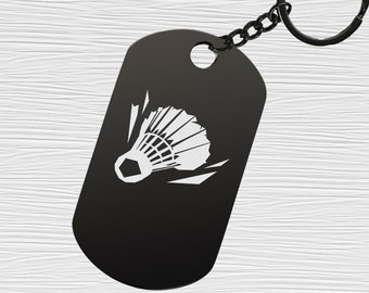 Badminton Shuttle Logo Laser Engraved Stainless Steel Dog Tag Keychain Keytag Pendant Bag Charm Black