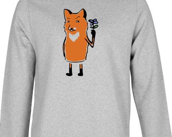 Funny Fox With Flowers Unisex Men's Women's Cotton Printed Sweatshirt Jumper Grey
