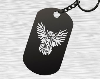 Ethnic Owl Laser Engraved Stainless Steel Dog Tag Keychain Keytag Pendant Bag Charm Black