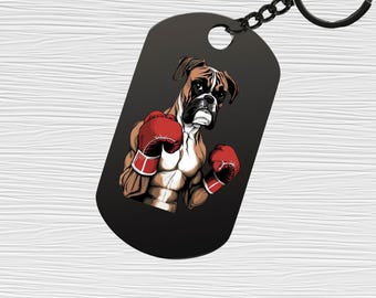 Boxer Dog With Boxing Gloves Stainless Steel Dog Tag Keychain Keytag Pendant Bag Charm