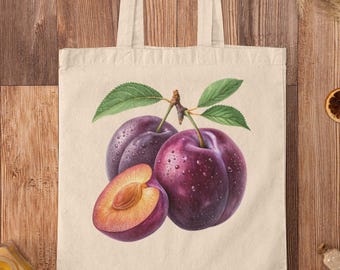 Plum Fruits Printed Unique Reusable Organic Cotton Tote Shopping Bag