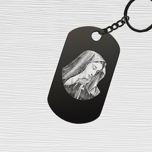 Altes Vintage Mary Kunst christliches Logo Laser gravierte Edelstahl Hundemarke Schlüsselanhänger Keytag Anhänger Taschenanhänger schwarz