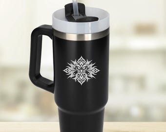 Taza térmica de viaje con grabado láser y adorno étnico (900 ml, 30 oz)
