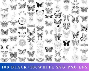 May include: A set of 100 black and 100 white butterfly designs. The butterflies are in various styles and poses, including some with floral accents. The designs are perfect for crafting, scrapbooking, and other creative projects.