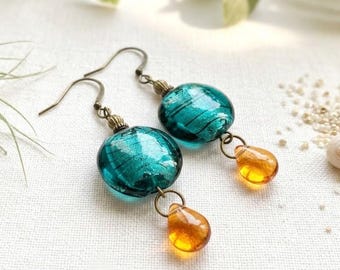 Teal lampwork glazen oorbellen: boho bronzen hangoorbellen