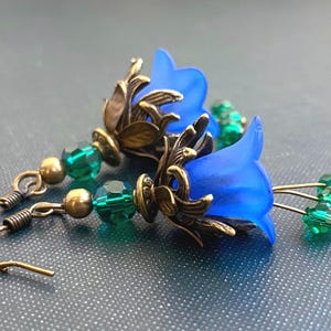 Bluebell Flower Earrings: Teal Glass Beads, Bronze Filigree, Nature Jewelry
