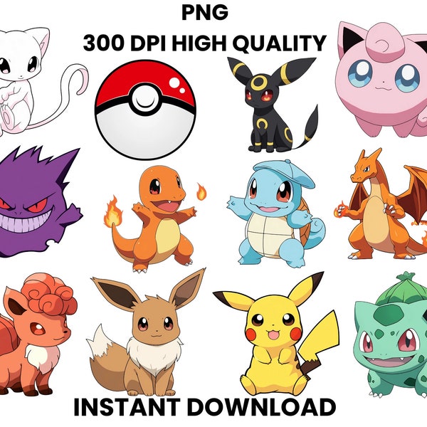 Pokemon Png Bundle Clipart, Birthday Decor, Character PNGs, Anime characters, High Quality, Digital Download