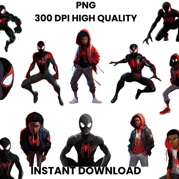 Miles Morales PNG Clip Art Bundle - ClipArt di supereroi, Grafica Spiderverse, Elementi di fumetti, Sfondo trasparente, Download digitale