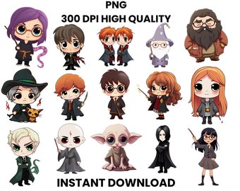 Cute Wizard School Clipart, Kawaii Witch Illustration Bundle, Digital Download, PNG Files, Wizarding School Movie Magic