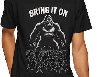 Epic Gorilla vs 100 Men Bring It On Tee, Unisex Garment-Dyed T-Shirt, Funny Graphic Tee, Quirky Apparel, Gift for Him/Her, Statement Shirt