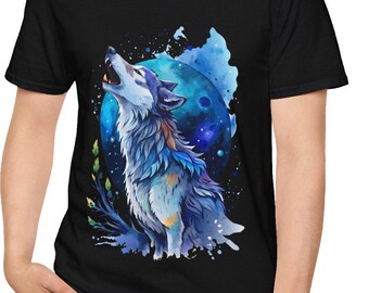 Majestic Howling Wolf T-Shirt Watercolor Moonlit Design for Nature Lovers Perfect Gift for Wolf Enthusiasts Unisex Softstyle T-Shirt