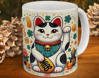 Lucky Cat Mug Maneki neko For Prosperity Good Fortune Ceramic Mug 11oz