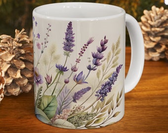 Elegant Floral Symphony Mug Wildflowers Lavenders Pressed Flower Mug Boho Cottagecore Coffee Mug  Botanical Ceramic Mug 11oz