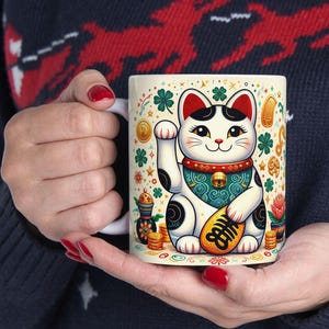 Lucky Cat Mug - Maneki Neko for Prosperity and Good Fortune - Unique Ceramic Coffee Cup for Home and Office 11oz 15oz