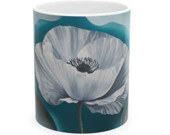 Serene Teal Poppy Artistic Floral Mug Design 11oz