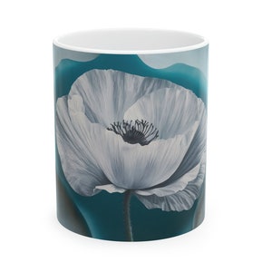 Serene Teal Poppy Artistic Floral Mug Design 11oz zdjęcie 1