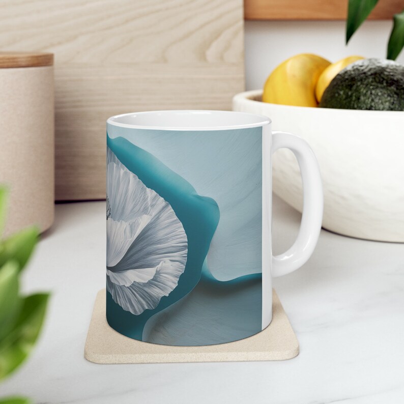 Serene Teal Poppy Artistic Floral Mug Design 11oz zdjęcie 4