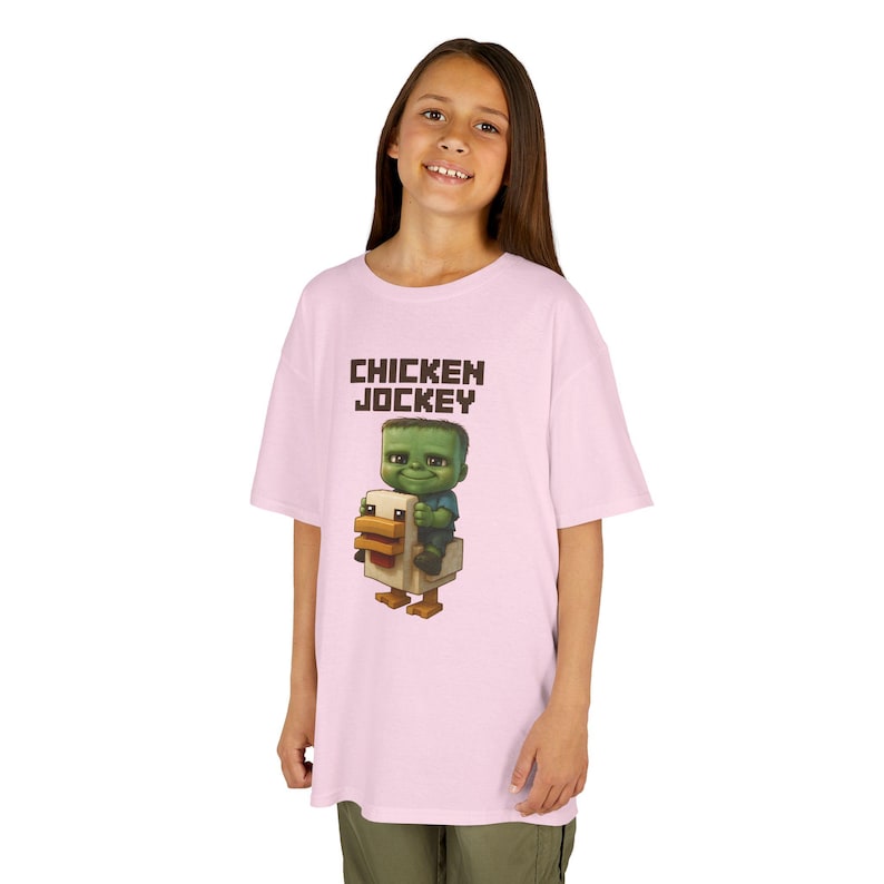 MC Cute Baby Zombie Riding a Chicken CJ Design Kids Tee - T-Shirt, Birthday Gift Gamer Apparel Playdate Outfit Casual Wear Cool Kids Clothes Light Pink