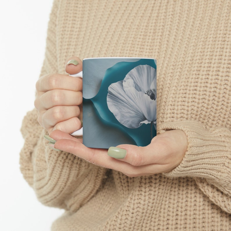 Serene Teal Poppy Artistic Floral Mug Design 11oz zdjęcie 2