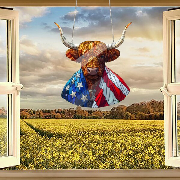 Cow Highland USA Acrylic Window Hanging, Cow lover gift, Farmhouse decor, Mother's day gift, Housewarming, July 4th Home Decor Gift