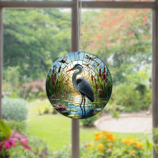 Grey Heron Acrylic Window Hanging, Egret Bird lovers gift, Bird Nerds, Mothers day gift, Faux Stained Glass, Not Suncatcher, Bird Feeder