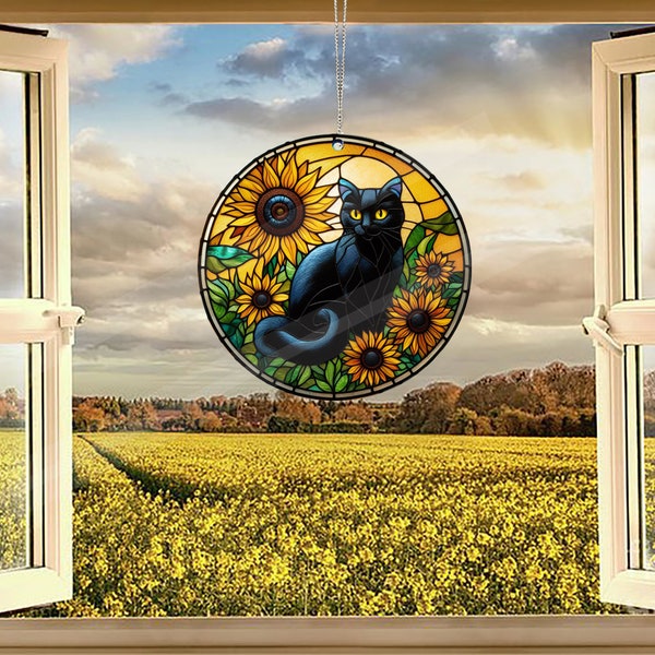 Sunflower Black Cat Acrylic Window Hanging, Cat Lover Gift, Cat Wall Hanging Ornament Gift For Mom Memorial Gift, Cat Faux Stain Glass
