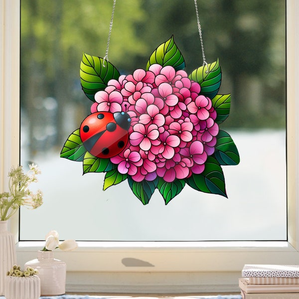 Hydrangeas And Lady Bug ACRYLIC Window Hanging, Flying Insect Decor, Flower Lover Gift, Plant Lady Gift, Flower Home Decor, Gift For Mom