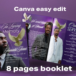 Purple Funeral Program Template: 8-Page Obituary, Celebration of Life (Canva Template)