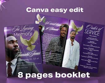 Purple Funeral Program Template: 8-Page Obituary, Celebration of Life (Canva Template)