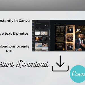 Peut inclure: Mod&egrave;le de carte comm&eacute;morative num&eacute;rique avec un design noir et or. Le mod&egrave;le comprend de l'espace pour les photos et le texte, avec les mots "In Loving Memory" et "Celebrating His life at." Le logo Canva est visible.