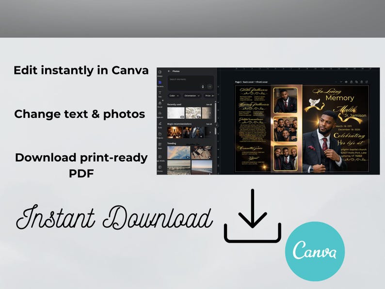 Peut inclure: Mod&egrave;le de carte comm&eacute;morative num&eacute;rique avec un design noir et or. Le mod&egrave;le comprend de l'espace pour les photos et le texte, avec les mots "In Loving Memory" et "Celebrating His life at." Le logo Canva est visible.