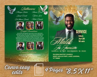 4-Page 17&quot;x11&quot; GREEN and gold Bifold FUNERAL MAN Program, Elegant Obituary, Memorial service template, Editable Canva Design, Keepsake