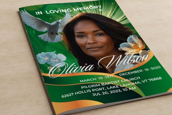 Green Obituary Program: Elegant Funeral Template, Woman's Keepsake (Canva Editable)