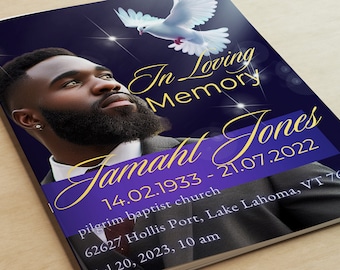 8.5"x11" BLUE elegant 8 pages FUNERAL PROGRAM Men's Funeral Program | Celebration of Life |Keepsake|Digital Download |CanvaTemplate