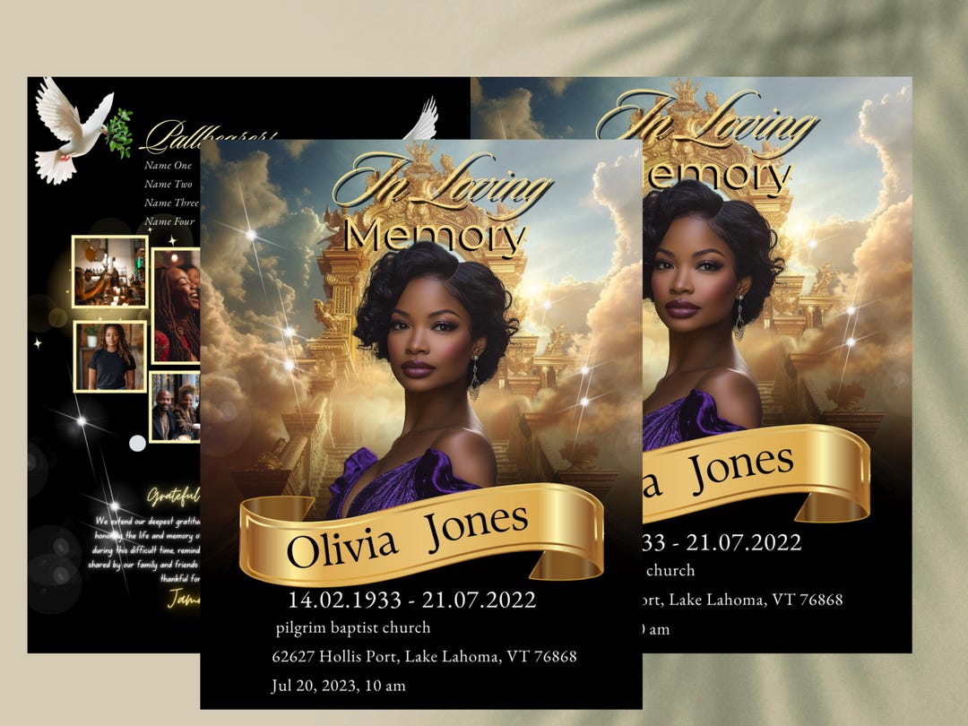 Black & Gold Obituary Template 4page Memorial Program (8.5x11) Etsy