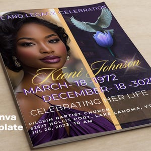 Programma FUNERALE NERO 8 pagine DONNA Oro con tocco viola 8,5"x11 Modello necrologio/Copertina rivista, Celebrazione della vita - Modello Canva